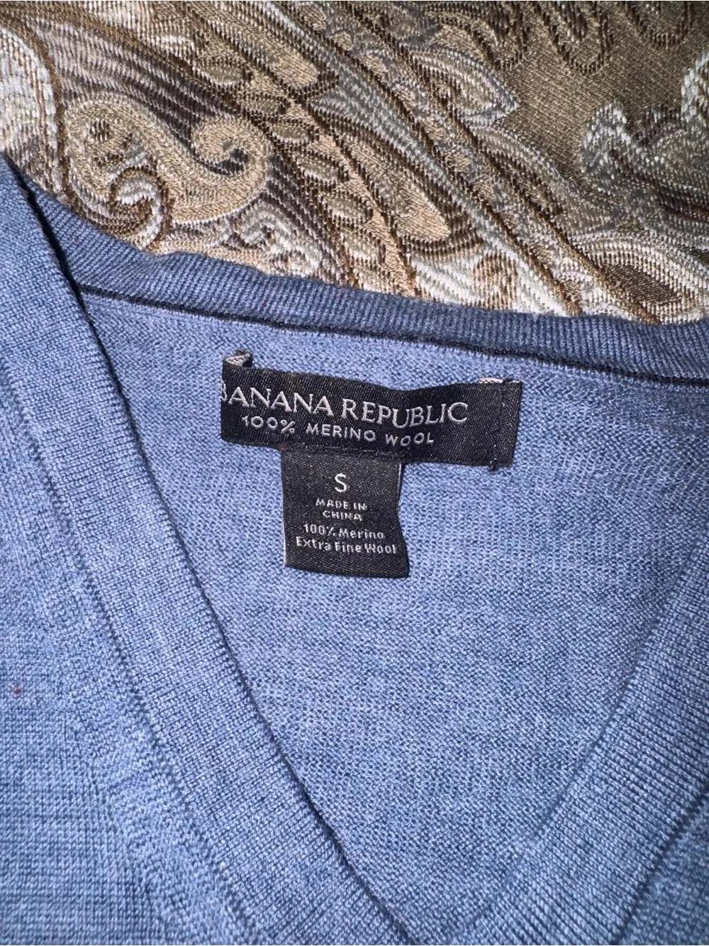 Banana Republic Men's Solid Knit Merino Wool V-Neck Blue Pullover Sweater S